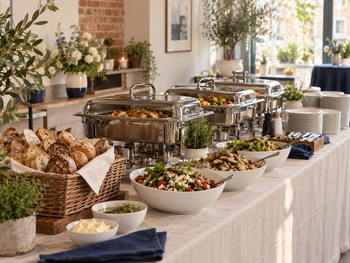 Verzorgd lopend buffet met salades en warmhoudschalen