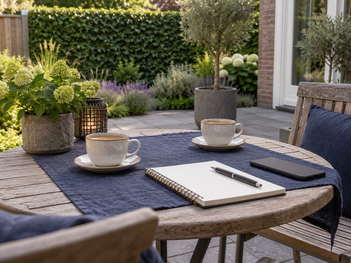 Tuintafel met koffie en een notitieboekje