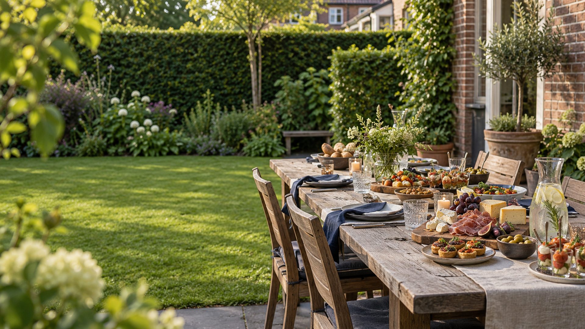 Gedekte tuintafel met hapjes en een borrelplank in een verzorgde achtertuin