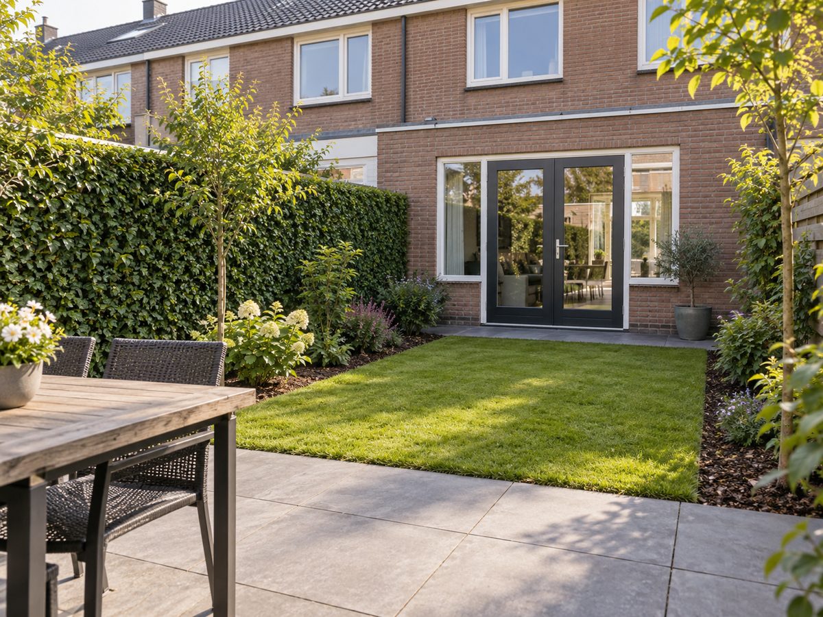 Opgeknapte achtertuin met geknipte haag en gemaaid gazon