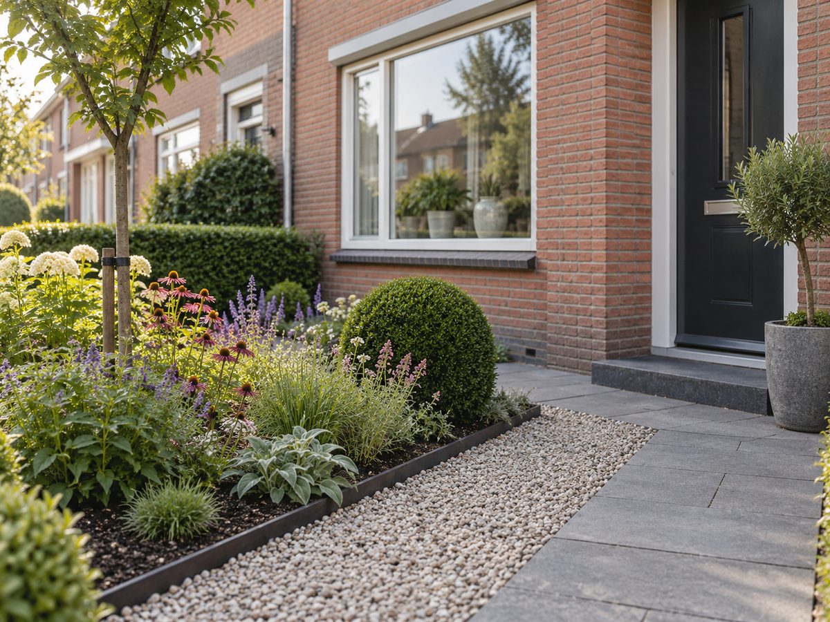 Verzorgde voortuin met nieuwe planten en een schoon tuinpad